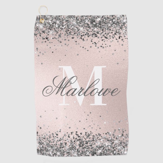 Blush Pink and Silver Glitter Monogram Golf Towel (Front)