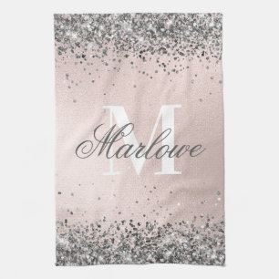 Blush Pink and Silver Glitter Monogram Kitchen Towel