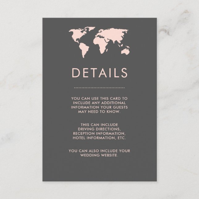 Blush Pink and Smoky Grey World Map Guest Details Enclosure Card (Front)