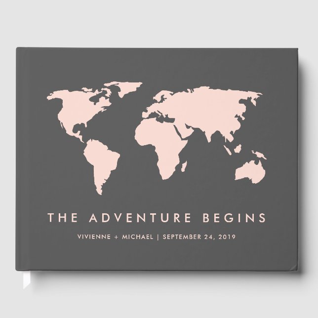 Blush Pink and Smoky Grey | World Map Wedding Guest Book (Front)