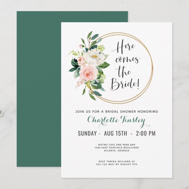 Blush Pink and Teal Floral Bridal Shower Invitation (Front/Back)