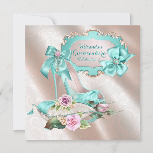 Blush Pink and Teal High Heel Shoe Quinceanera Invitation (Front)