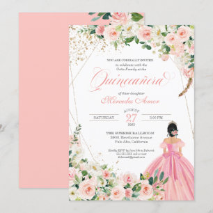 Blush Pink and White Beautiful Floral Quinceanera Invitation
