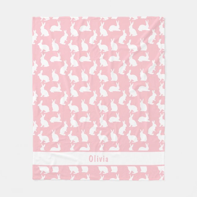Blush Pink And White Bunny Pattern With Name Fleece Blanket (Front)