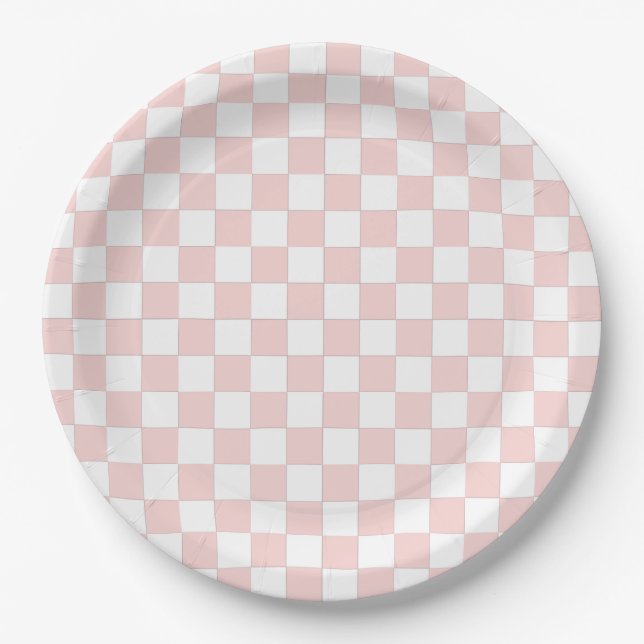 Blush Pink and White Checkered Paper Plate (Front)