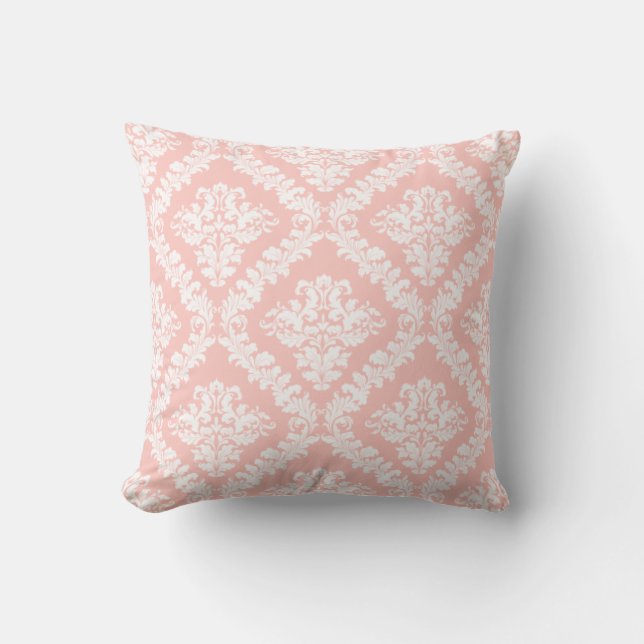 Blush pink and white damask pattern throw pillow (Front)