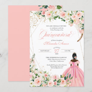 Blush Pink and White Floral Afrolatina Quinceanera Invitation