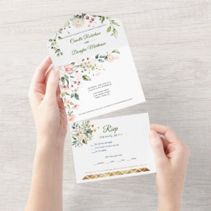 Blush Pink and White Flowers Gold Accents    All In One Invitation