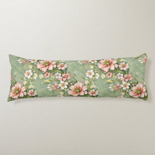 Blush Pink and White Flowers on Sage Body Pillow