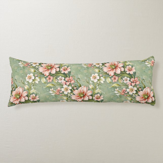 Blush Pink and White Flowers on Sage Body Pillow (Front)