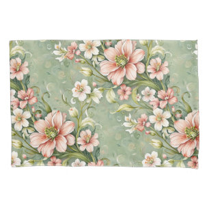 Blush Pink and White Flowers on Sage Pillowcase