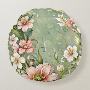 Blush Pink and White Flowers on Sage Round Pillow