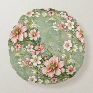 Blush Pink and White Flowers on Sage Round Pillow