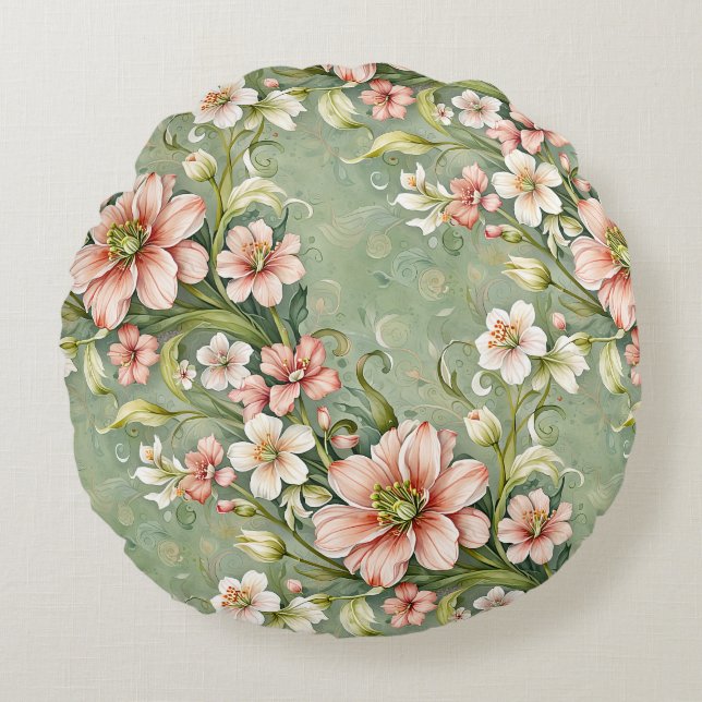 Blush Pink and White Flowers on Sage Round Pillow (Front)