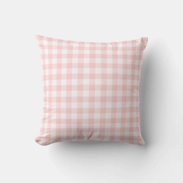 Blush Pink and White Gingham Pattern Chequered Outdoor Pillow (Front)