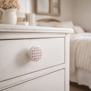 Blush Pink and White Gingham Plaid Pattern Ceramic Knob