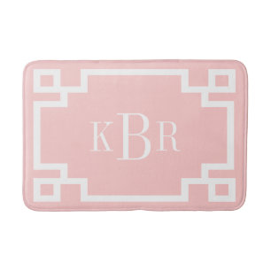 Blush Pink and White Greek Key Custom Monogram Bath Mat