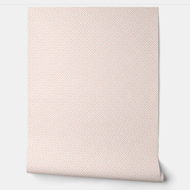 Blush Pink and White Greek Key Pattern Wallpaper (Unrolling)