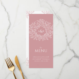 Blush pink and white leaf drawing monogram wedding menu