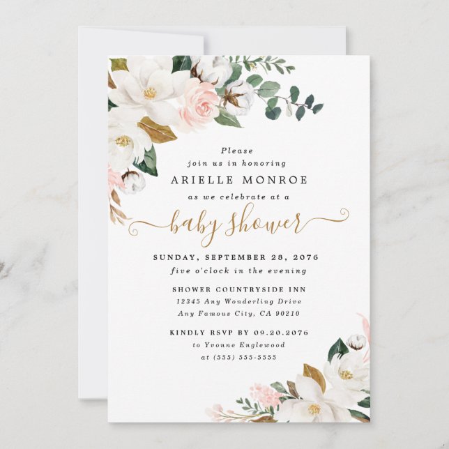 Blush Pink and White Magnolia Floral Baby Shower Invitation (Front)