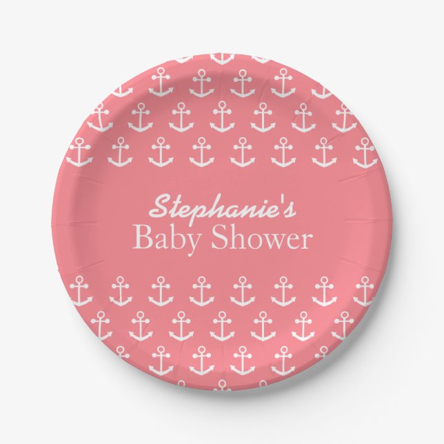 Blush Pink and White Nautical Anchor Baby Shower Paper Plate (Front)