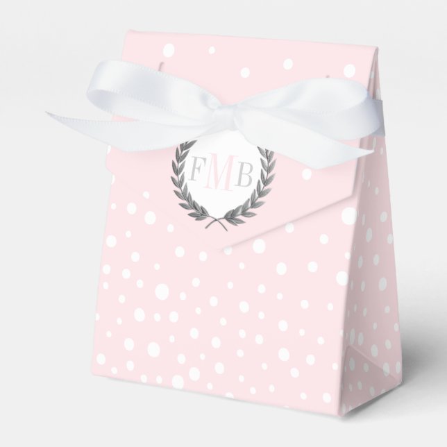 Blush pink and white polka dot pattern wedding fav favor box (Front Side)