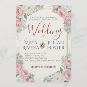 Blush Pink and White Rose Vintage Floral Wedding Invitation