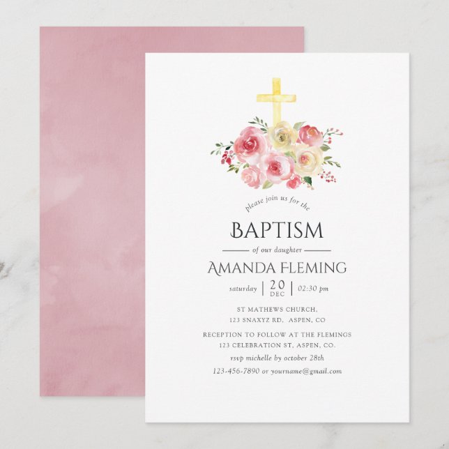 Blush Pink and Yellow Floral Baptism/Christening Invitation (Front/Back)