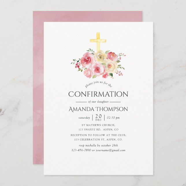 Blush Pink and Yellow Floral Confirmation Invitation (Front/Back)