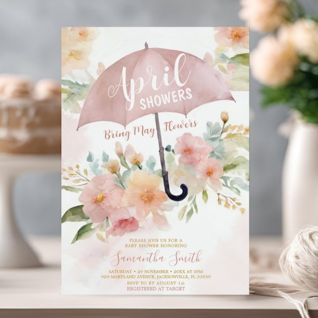 Blush Pink April Showers Bring May Flower Umbrella Invitation (Creator Uploaded)