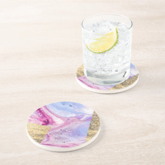 Blush Pink Aqua Blue Liquid Marble Glitter Geo Coaster