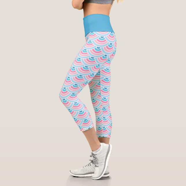 Blush Pink Aqua Blue Wave Circles Art Pattern Capri Leggings (Left)