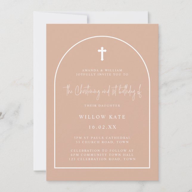 Blush Pink Arch Christening & 1st Birthday Invitation (Front)