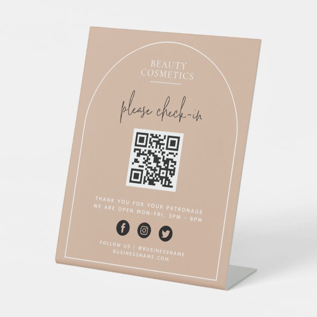 Blush Pink Arch Covid Check-In or Payment QR Code Pedestal Sign (Front)