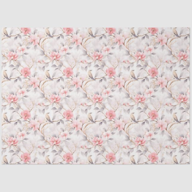 Blush Pink Asian Floral Bird Tissue Paper (Front)