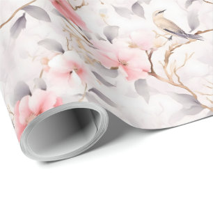 Blush Pink Asian Floral Bird Wrapping Paper