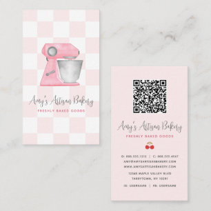 Blush Pink Bakery Mixer Chequered Pattern QR Code Business Card