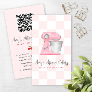 Blush Pink Bakery Mixer Chequered Pattern QR Code Business Card