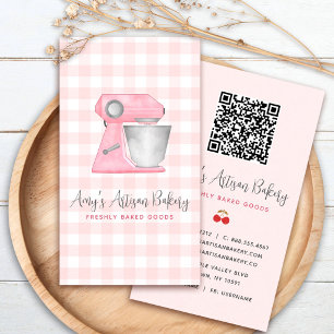 Blush Pink Bakery Mixer Gingham Pattern QR Code Business Card
