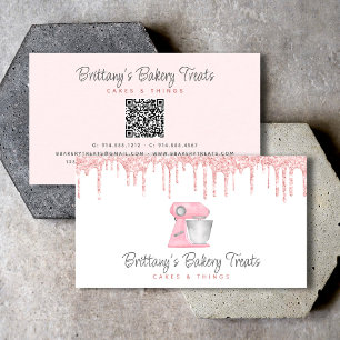 Blush Pink Bakery Mixer Glitter Drips QR Code Business Card