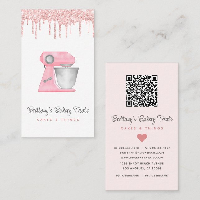 Blush Pink Bakery Mixer Glitter Drips QR Code Business Card (Front/Back)