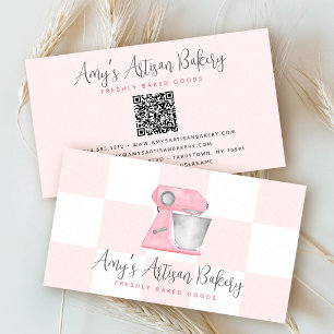 Blush Pink Bakery Mixer QR Code Chequered Pattern Business Card