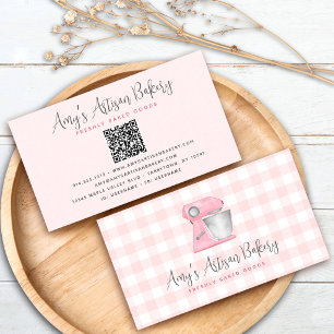 Blush Pink Bakery Mixer QR Code Gingham Pattern Business Card