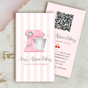 Blush Pink Bakery Mixer Stripes Pattern QR Code Business Card