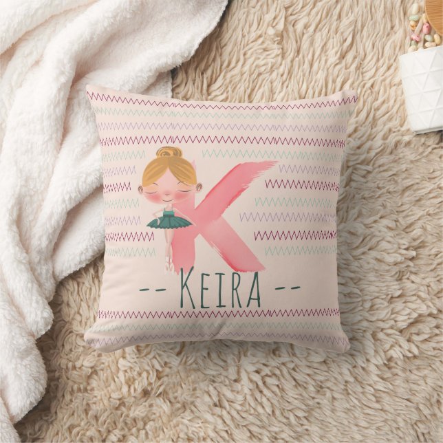 Blush Pink Ballerina Monogram K – Personalized Art Throw Pillow (Blanket)