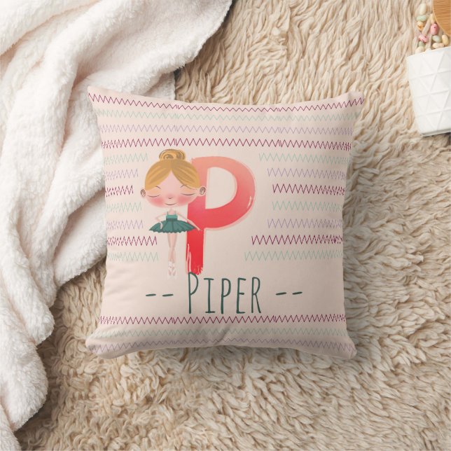Blush Pink Ballerina Monogram P – Personalized Art Throw Pillow (Blanket)