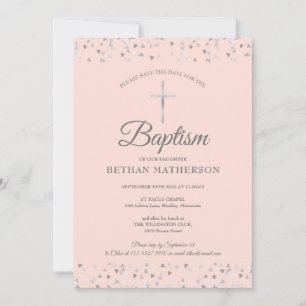 Blush Pink Baptism Christening Silver Hearts Save The Date