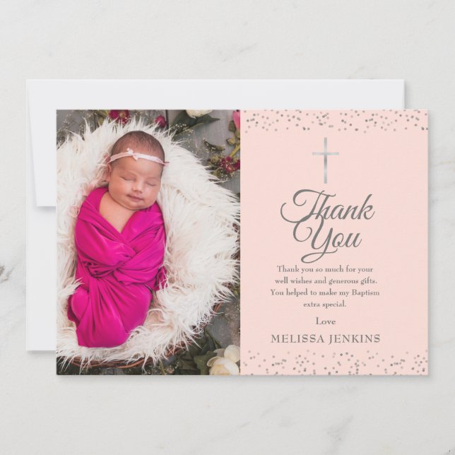 Blush Pink Baptism Photo Silver Thank You Card (Front)