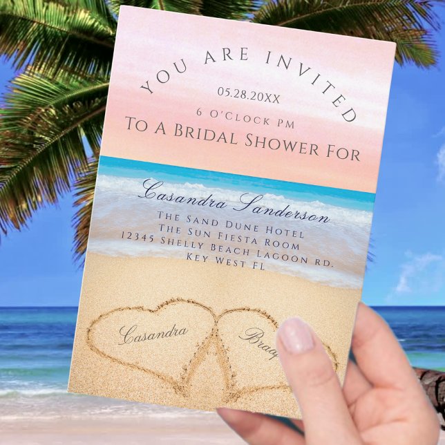 Blush Pink Beach  2 Hearts in Sand Bridal Shower Invitation (Creator Uploaded)