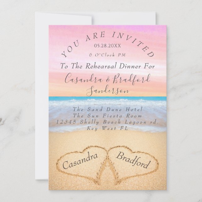 Blush Pink  Beach  2 Hearts Sand Rehearsal Dinner Invitation (Front)